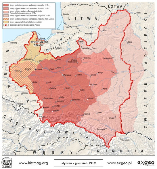 Odzyskiwanie niepodległości przez Polskę - styczeń-grudzień 1919 roku (aut. Marcin Sobiech EXGEO Professional Map)