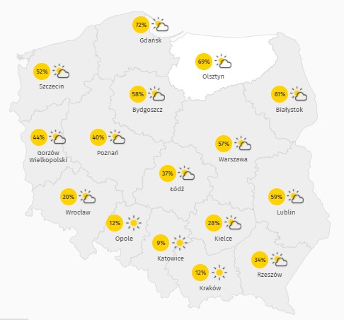 Prognoza zachmurzenia w środę 25 listopada