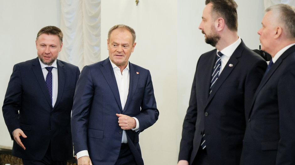 (od lewej) Marcin Kierwiński, Donald Tusk, Władysław Kosiniak-Kamysz i Tomasz Siemoniak w Pałacu Prezydenckim. 11.03.2024 r.