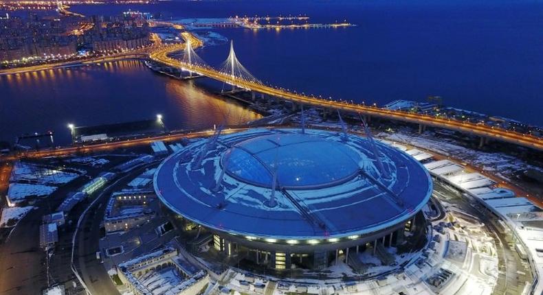 Krestovsky football stadium, also known as Zenit Arena, under construction for the 2018 FIFA World Cup, pictured in Saint Petersburg in April 2017