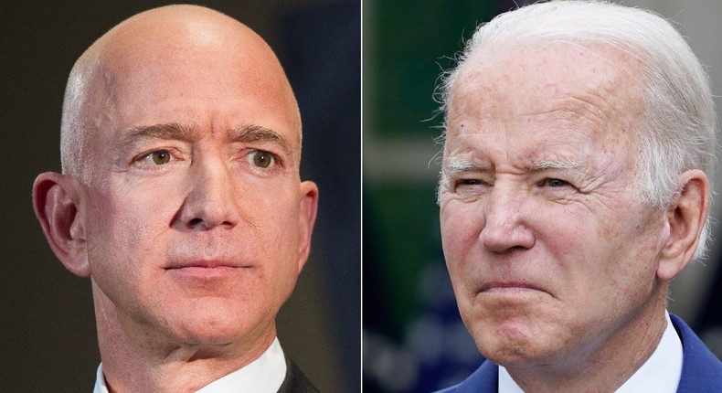 A composite image of Amazon founder Jeff Bezos and President Joe Biden.