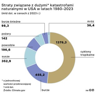 Straty związane z dużymi katastrofami naturalnymi w USA w latach 1980-2023 (mld dol. w cenach z 2023 r.)