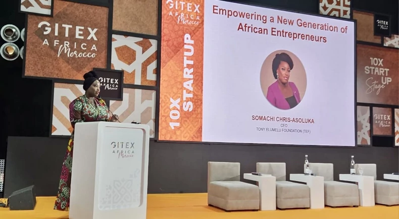 Somachi Chris-Asoluka captivating the audience with her keynote address at GITEX Africa, the premier technology event encompassing the entire continent.