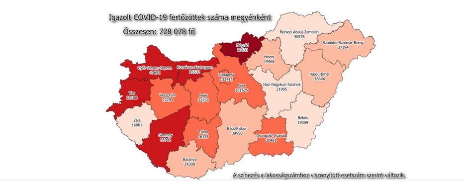 A koronavírusos esetek száma megyénként/ Forrás: koronavírus tájékoztató oldal