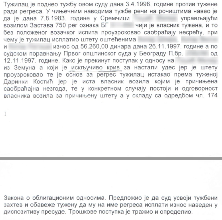 Iz presude Prvog opštinskog suda
