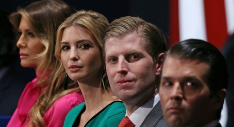 Family members of Republican presidential nominee Donald Trump, (from L-R) wife Melania Trump, daughter Ivanka Trump, and sons Eric Trump and Donald Trump Jr., pictured on October 9, 2016