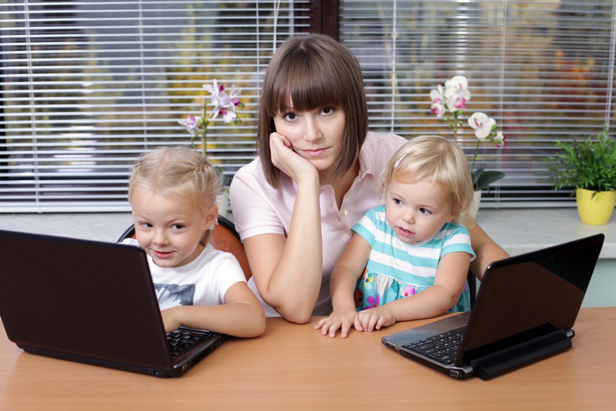 matka, dzieci, praca, komputer, internet
