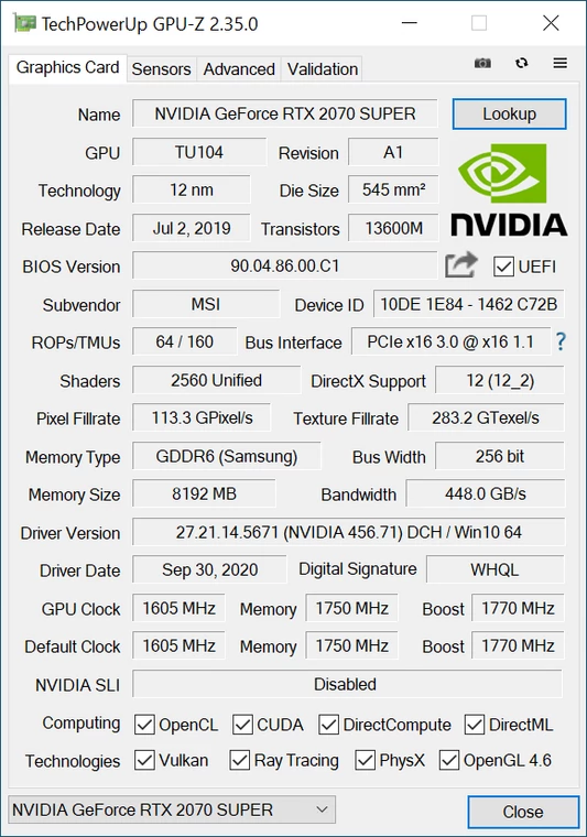 Lenovo Legion Tower 5i – specyfikacja Nvidia GeForce RTX 2070 SUPER w GPU-Z