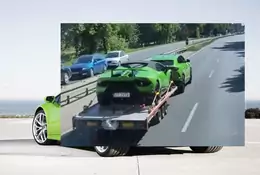 Lamborghini Urus ciągnie na lawecie Huracana. Oba w krzykliwym kolorze. Co za zestaw! 