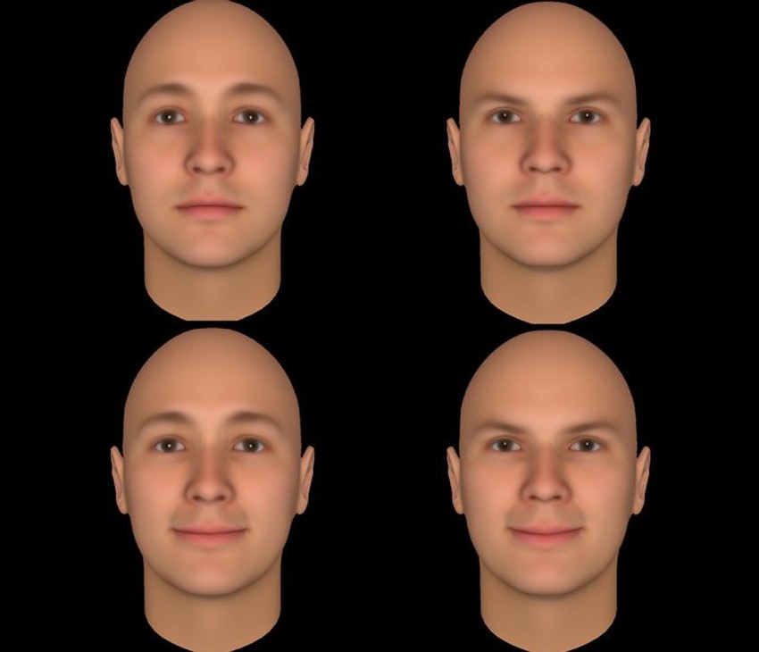 U gornjem redu, lice sa spuštenim obrvama većini ljudi deluje više ljutito nego ono pored njega. Profesor Univerziteta Prinston, međutim, kaže da "niže obrve u kombinaciji s osmehom (dole desno) ne moraju nužno biti povezane s pozitivnim - lice deluje lukavo