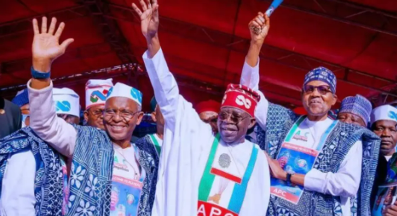 Governor Nasir El-Rufai of Kaduna, the APC Presidential candidate, Bola Tinubu, and President Muhammadu Buhari during the inauguration of the party's campaign in Jos in November 2022. (ThisDay)