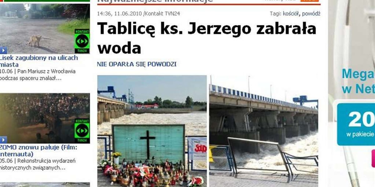 Tablica ks. Jerzego zabrana przez powódź