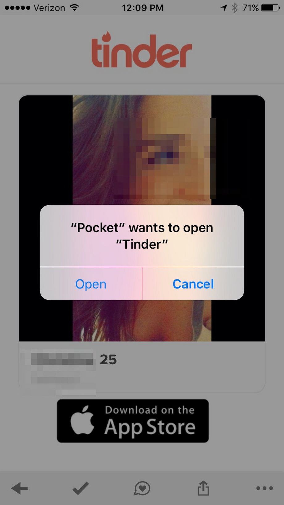 And the integration actually works! When I click from Pocket, I get pushed into the Tinder app and can swipe.