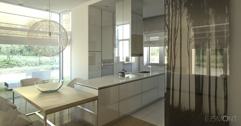 Biała kuchnia i łazienka ocieplone drewnem - projekt Ejsmont