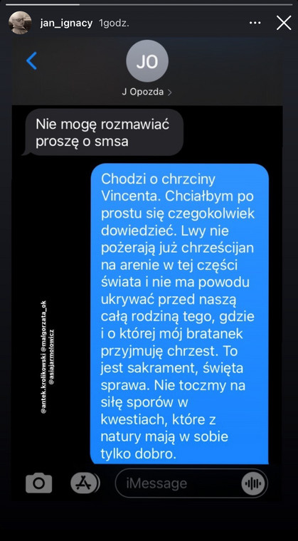 Wiadomość Jana Królikowskiego do Joanny Opozdy