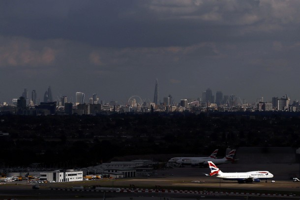 A British Airways plane is parked at Heathrow Airport near London