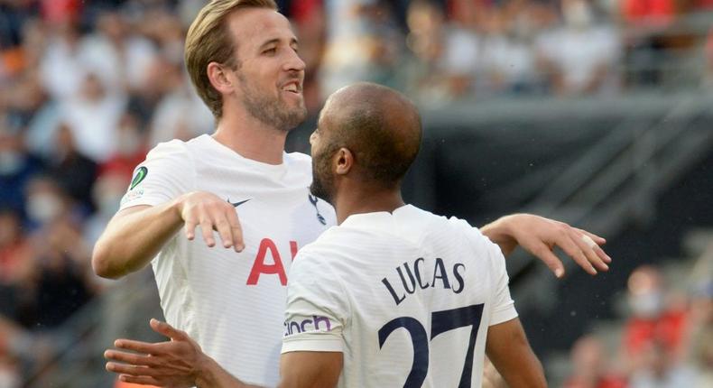 Harry Kane with Lucas Moura after Spurs took the lead in Rennes Creator: JEAN-FRANCOIS MONIER