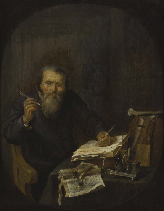 Gabriel Metsu, "Notariusz ostrzący pióro we wnętrzu" (ok. 1653)