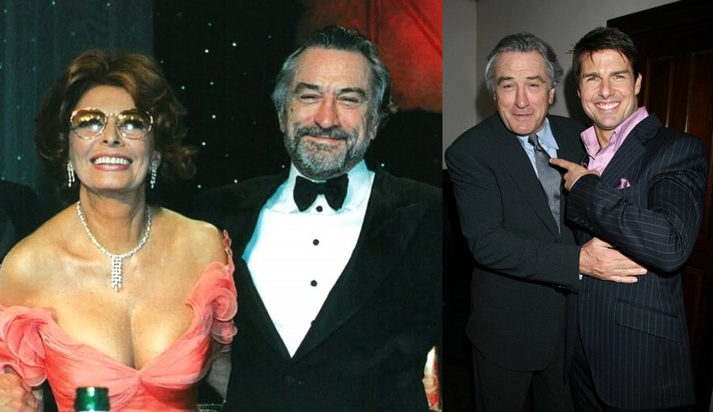 Dva rôzne momenty z kariéry Roberta De Nira - vľavo po boku talianskej legendy Sophia Loren, vpravo s hollywoodskym hercom Tomom Cruise.