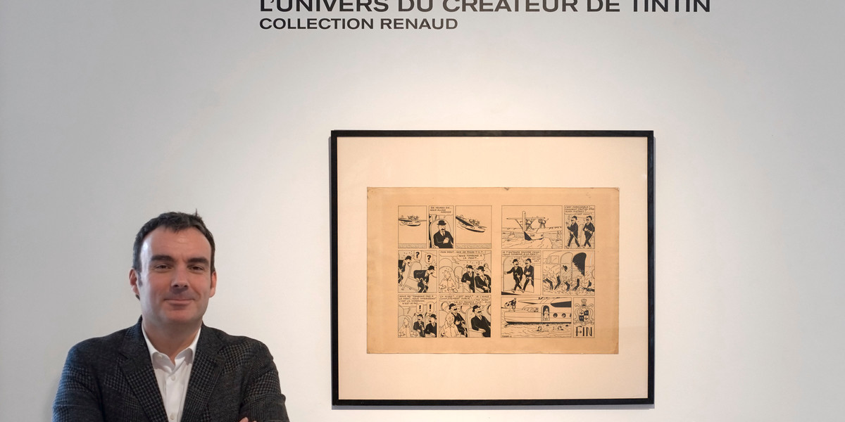 Eric Leroy, a comic strip expert at Artcurial, with an original double plate from "The Adventures of Tintin."