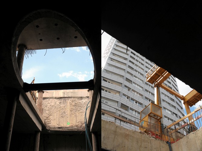 Warszawa, skrzyżowanie ul. Świętokrzyskiej i Marszałkowskiej. Plac budowy stacji przesiadkowej pomiędzy I i II linią metra na stacji Metro Świętokrzyska