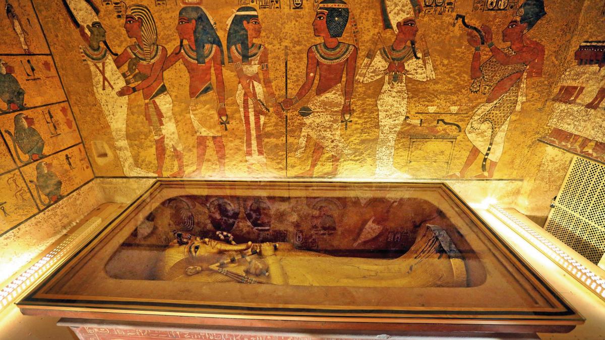 The golden sarcophagus of King Tutankhamun in his burial chamber is seen in the Valley of the Kings,