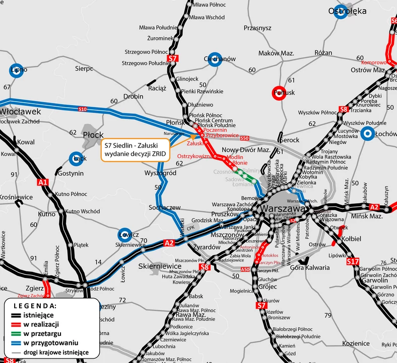 Mapa sieci dróg krajowych woj. mazowieckiego