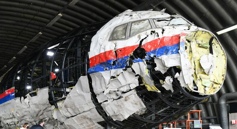 Lawyers attend the judges' inspection of the reconstruction of the MH17 wreckage, as part of the murder trial ahead of the beginning of a critical stage, on May 26, 2021 in Reijen, Netherlands.Photo by Piroschka van de Wouw - Pool/Getty Images