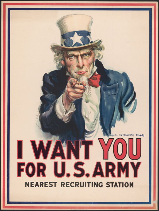 "Chcę ciebie!" Chyba najsłynniejszy amerykański plakat propagandowy. Postać znana jako Wujek Sam tutaj w wersji z 1917 roku (aut. James Montgomery Flagg, domena publiczna).
