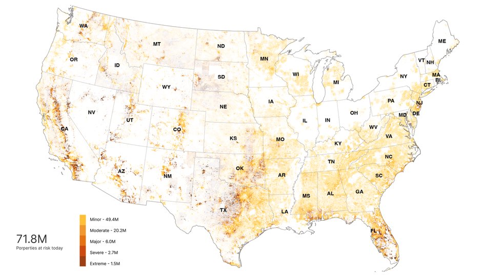 Mapa stopnia ryzyka zagrożenia nieruchomości przez pożary naturalne w USA do 2052 roku. First Street Foundation