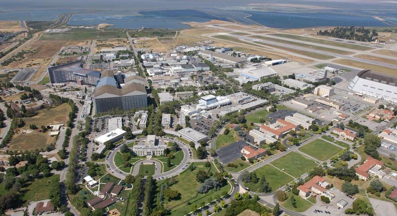 Aerial views of the Ames Research Center, NASA Research Park, and Moffett Airfield in California.