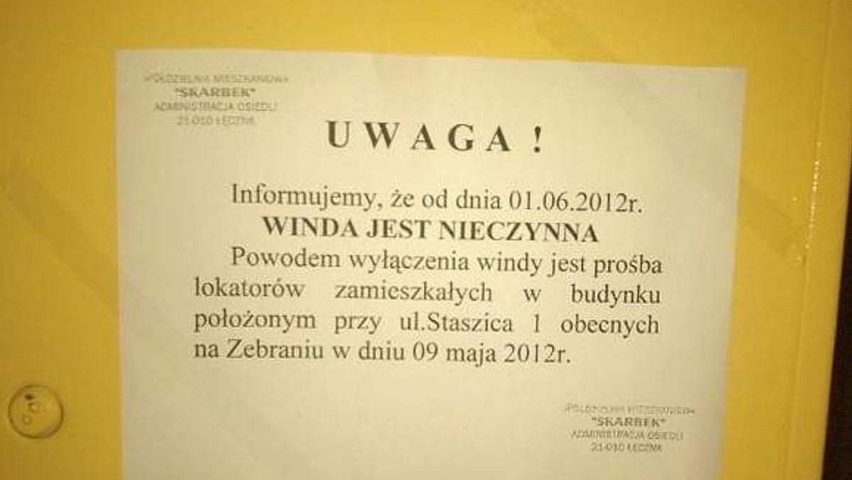 "Dziennik Wschodni": W 10-piętrowym bloku przy ul. Staszica 1 w Łęcznej nie działa jedna z trzech wind. Wyłączono ją niedawno z oszczędności na wniosek części mieszkańców. Ale nie wszyscy są z tego powodu zadowoleni.