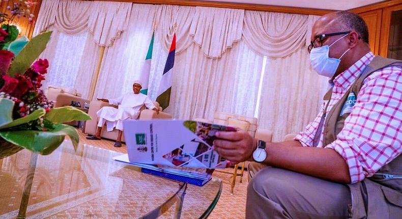 Nigerian authorities are desperate to slow down the spread of the coronavirus disease in a country with a fragile healthcare system. Pictured: President Muhammadu Buhari and the Director General of the Nigeria Centre for Disease Control (NCDC), Dr Chikwe Ihekweazu, during a briefing about coronavirus at the Presidential Villa [Twitter/@BashirAhmaad]