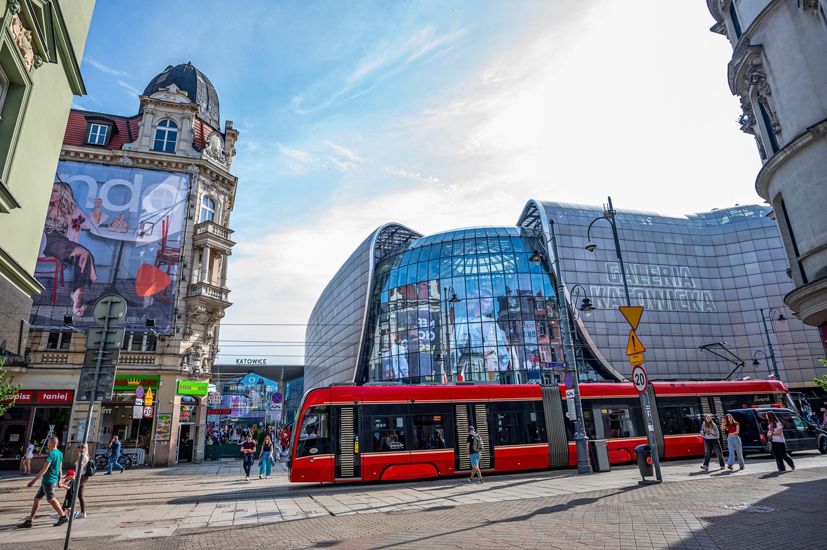 Katowice, Poland - May 03, 2025: A tram on a street in the center of Katowice