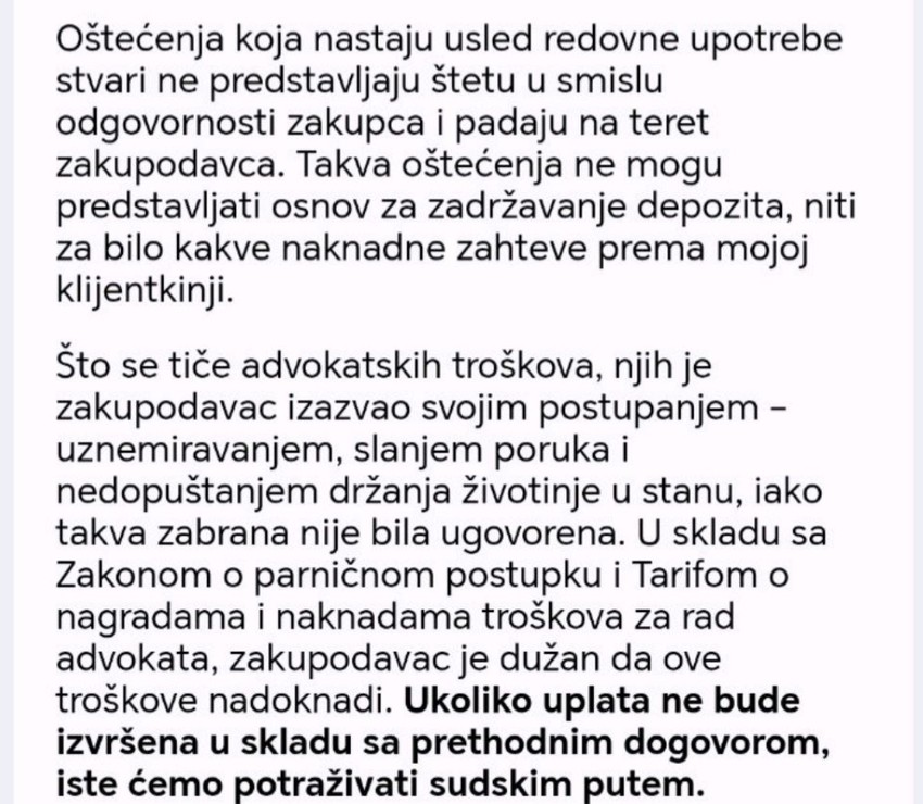 Deo opomene upućen od strane advokatice 