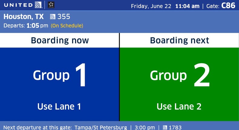 United boarding area digital display.