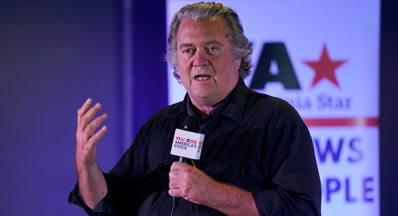 Former White House chief strategist Steve Bannon gestures during a speech at the Take Back Virginia rally in Henrico County, Va., on September 13, 2021.
