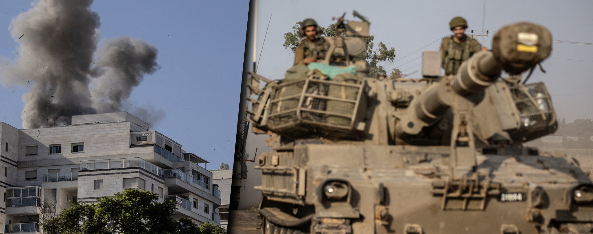 Atak na Aszkelon (po lewej), izraelskie wojska w pobliżu Strefy Gazy.