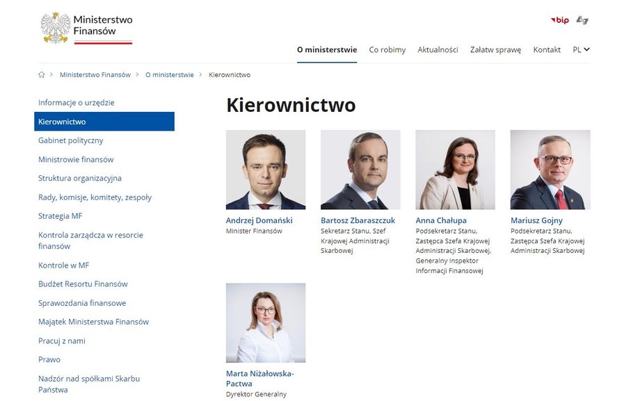 Zakładka poświęcona kierownictwu resortu finansów