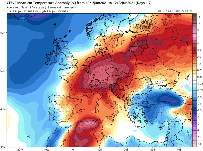 Prognozowana anomalia temperatury w Europie (15-22.06)