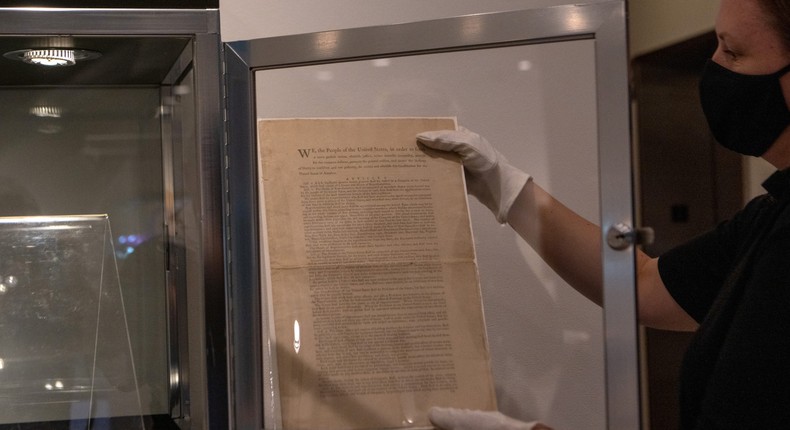 A first printing of the final text of the US Constitution, on display at Sotheby's in New York on September 17, 2021.