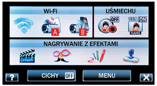 W JVC menu główne przedstawia wszystkie funkcje Wi-Fi. Ikona po lewej stronie  prowadzi do funkcji e-mail, a po prawej  do funkcji monitoringu