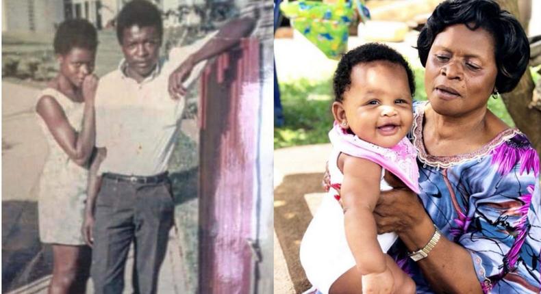 Proscovia Musoke and her husband, Gerald Mayanja Musoke posing for a picture with a grandchild