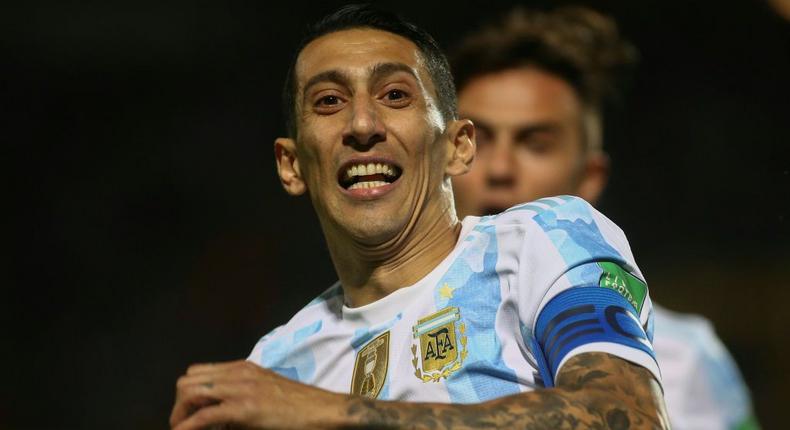 Angel Di Maria celebrates after scoring the only goal of the game against Uruguay that pushed Argentina closer to qualifying for the World Cup Creator: Ernesto Ryan