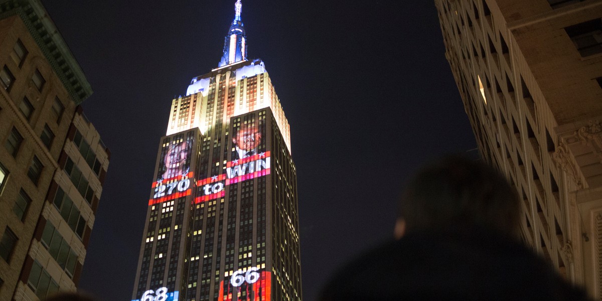 The Empire State building is lighting up to display election results