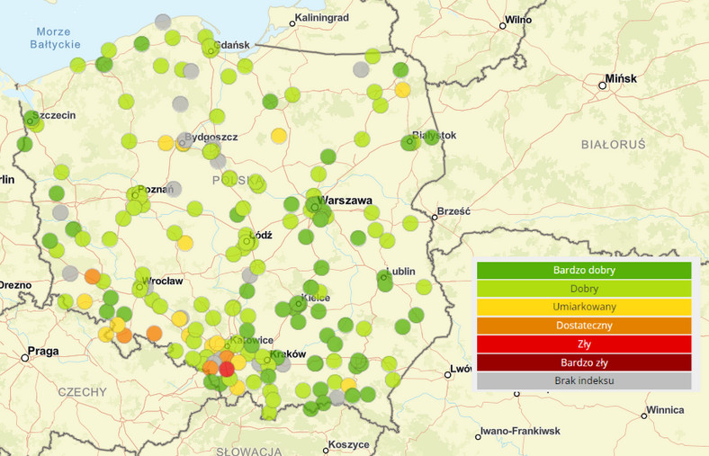 Stan jakości powietrza w Polsce w poniedziałek rano