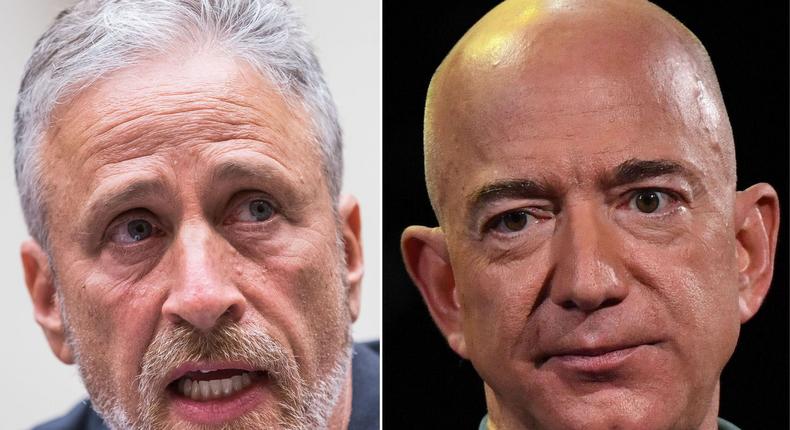 Comedian Jon Stewart, left, and Amazon founder Jeff Bezos.