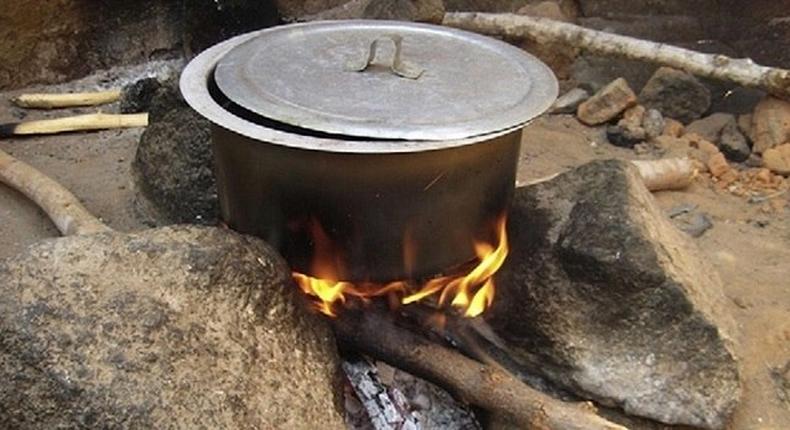 A pot of food on the fire