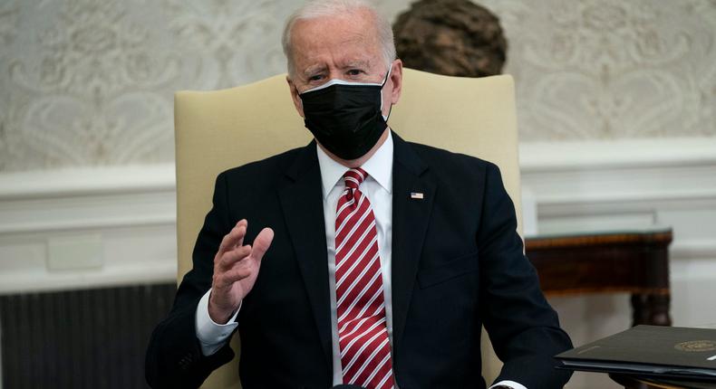 President Joe Biden speaks during a meeting with labor leaders in the Oval Office of the White House, Wednesday, Feb. 17, 2021, in Washington, DC.
