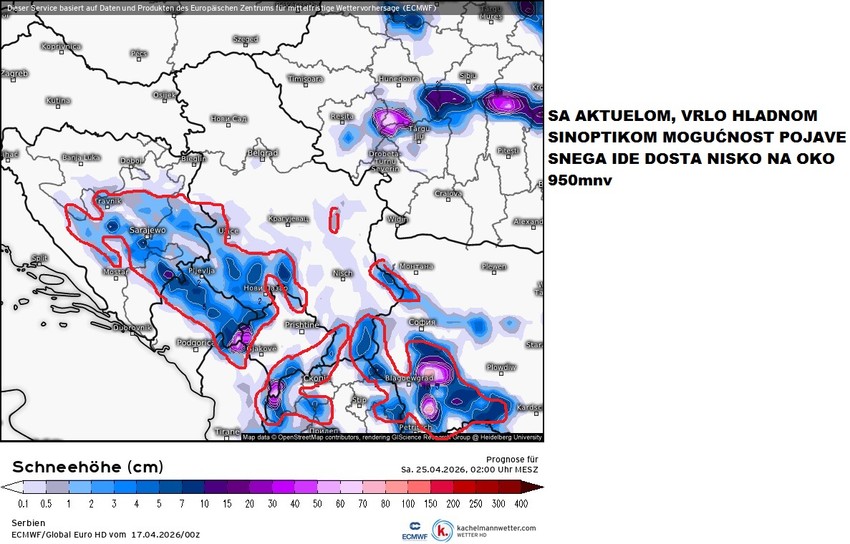 Trenutno prognoze daju da će snega biti na oko 950 metara nadmorske visine